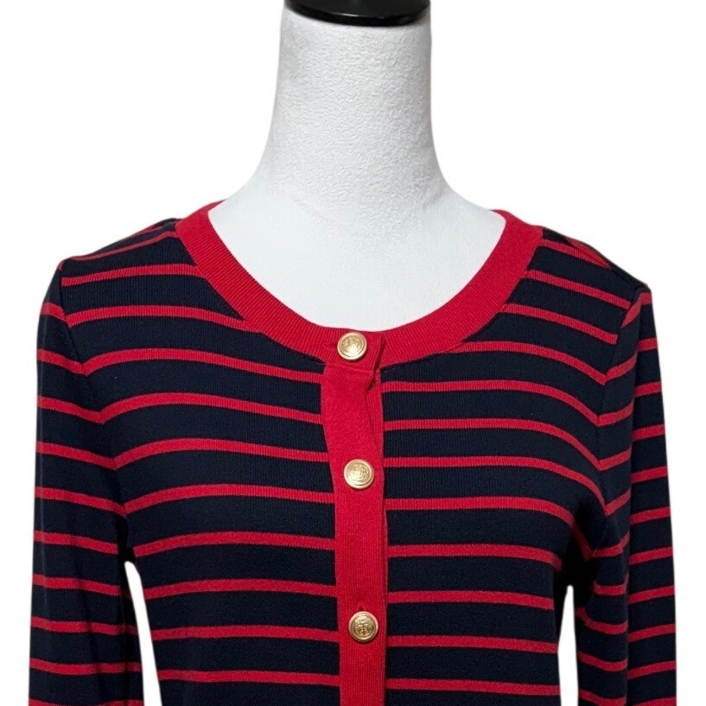 Talbots Cardigan Medium Petite Navy Red Striped Button Up Sweater Career‎